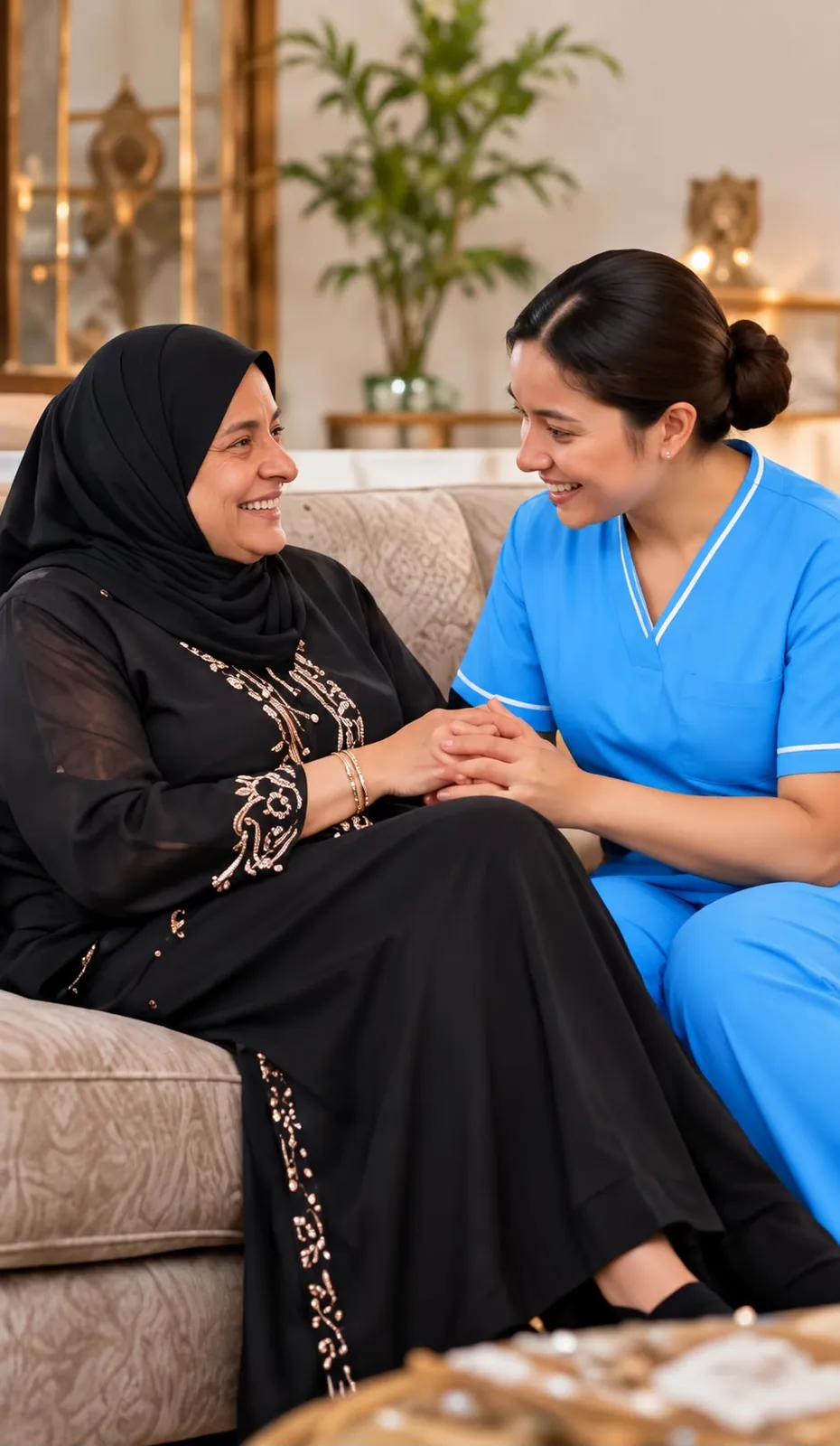 Caregiver sharing a warm moment with an elderly lady at home
